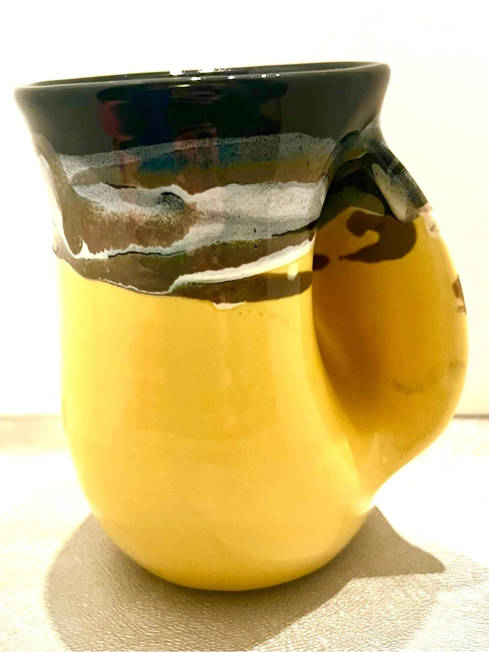 Studio Art Pottery Signed Neber Stoneware Mug Yellow/Black/ Watchman Grip Handle